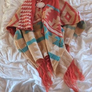 Umgee Coral Knit Cardigan with Teal Stripe